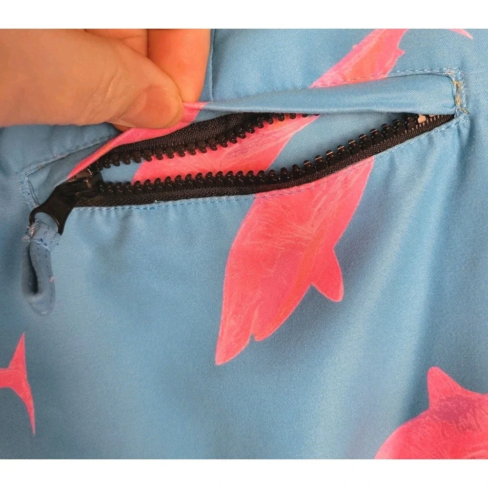 Native Blue Pink Shark Print Swim Trunks Mens M Board Shorts Zip Pocket Vacation